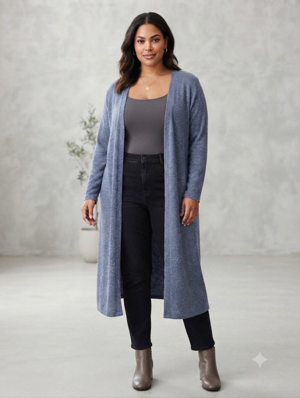 Creation Longline Open Front Duster Cardigan Blue Heathered Knit Size 3X